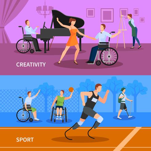 Disabled People 2 Flat Banners Composition  vector