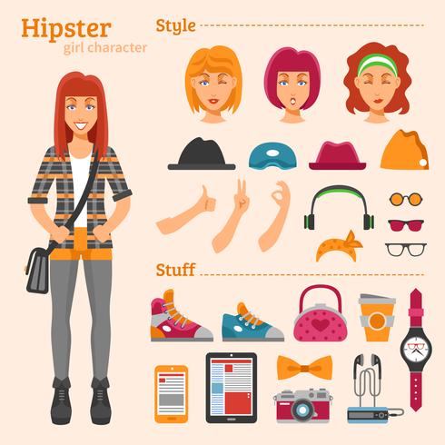 Hipster Girl Character Decorative Icons Set  vector