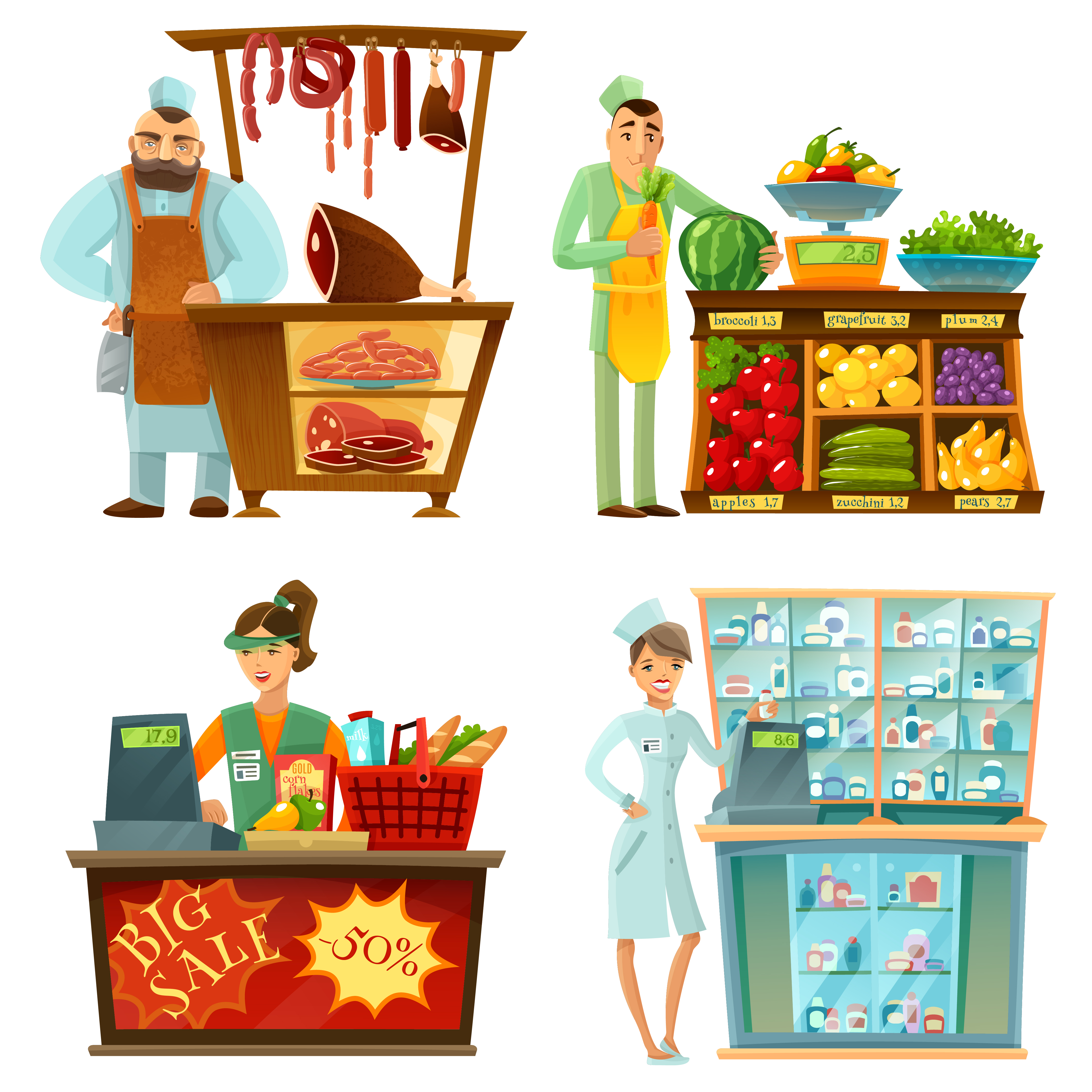 Seller Counter Service 4 Cartoon Compositions Set ...