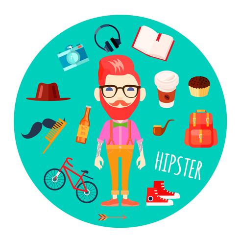 Hipster personaje accesorios plana redonda ilustración vector