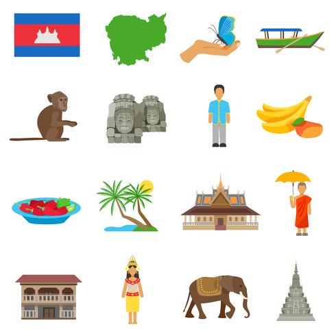 Conjunto de iconos planos de cultura de Camboya vector