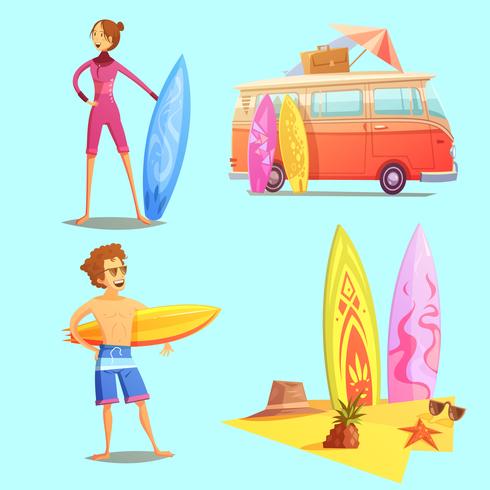 Surfing Retro Cartoon 2x2 Icons Set vector