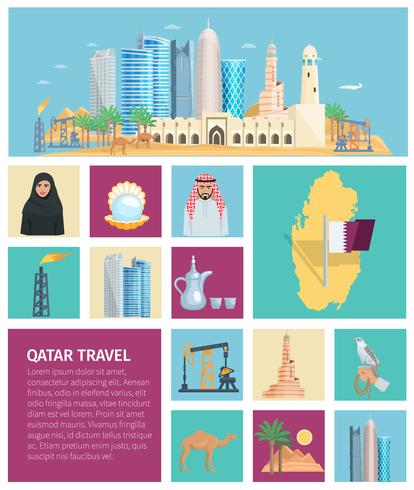 Conjunto de iconos planos de la cultura de Qatar vector