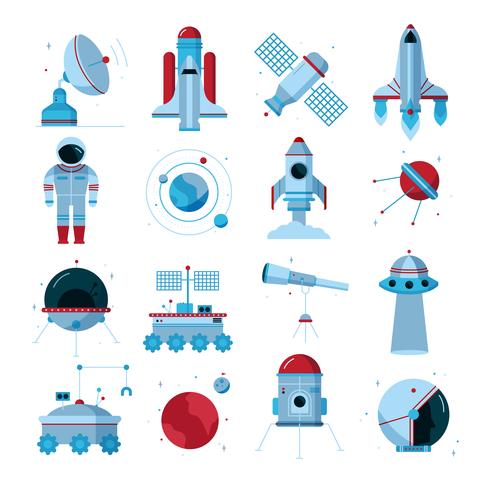 Spacecrafts Instruments Equipment Flat Icons Set vector