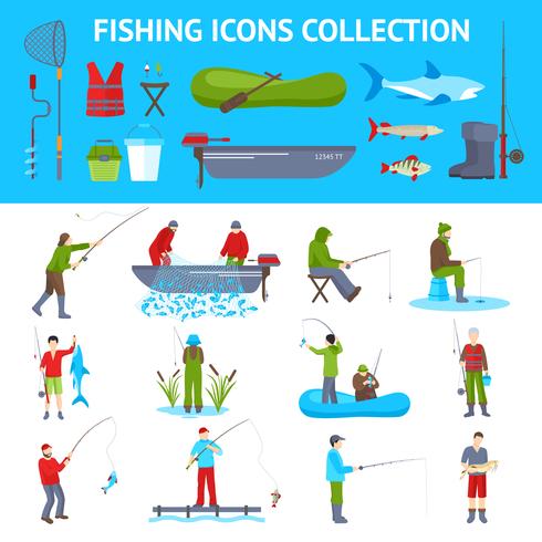 Conjunto de Banners de iconos planos de pesca 2 vector