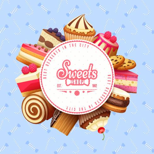 Cupcakes Sweets Shop Round Background Poster vector