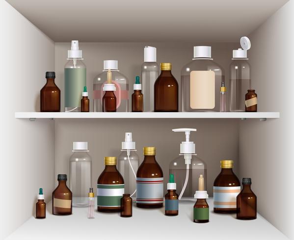 Medical Bottles On Shelves Set vector