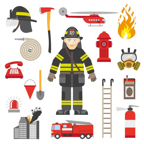  Fireman Professional Equipment Flat Icons Collection  vector