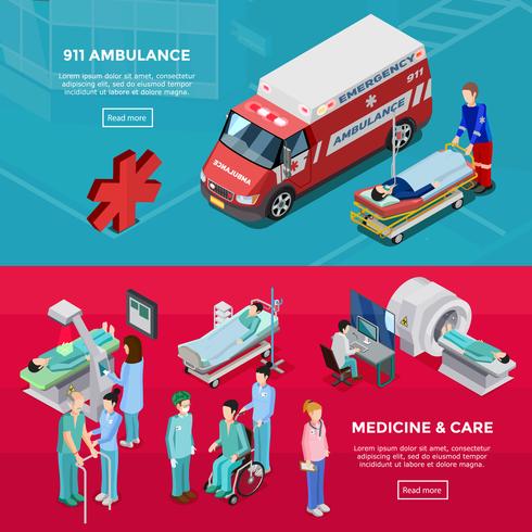 Dos banderas horizontales isométricas del hospital vector