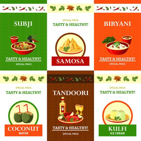 Conjunto de iconos planos de cocina india cartel vector