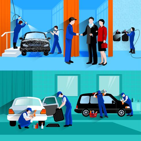 Car Wash Service 2 Flat Banners  vector