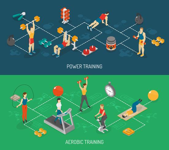  Cardio And Strength Training Isometric Banners Set vector