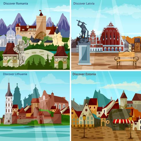 Conjunto de iconos de concepto de paisajes urbanos europeos vector