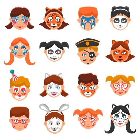 Painted Faces Icons Set vector