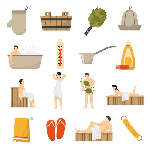 Set de iconos planos de baño sauna spa vector