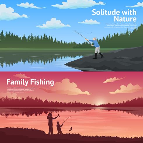 Conjunto de Banners horizontales de pesca familiar vector