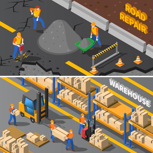 Workers Isometric Banners Set  vector