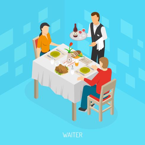 Waiter Serving Customers Isometric Poster vector