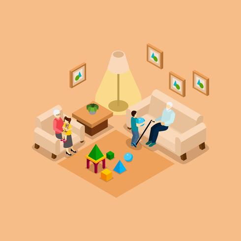 Grandparents With Children Home isometric Banner  vector