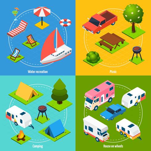 Camping y viajes isométricos 2x2 Icons Set vector