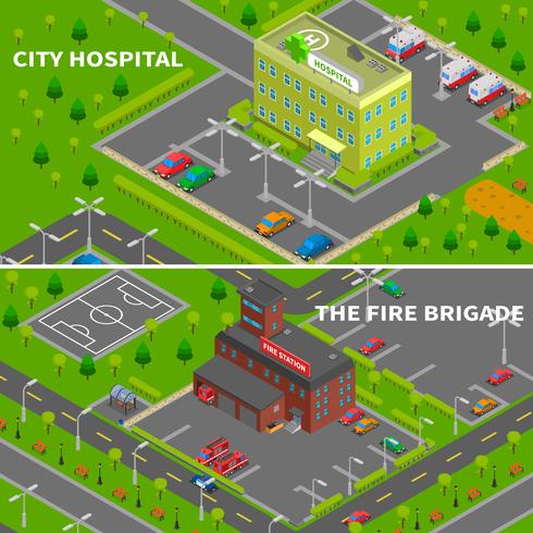 Hospital And Fire Station Isometric Banners  vector