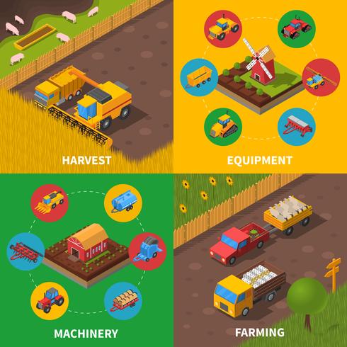 Maquinaria agrícola 4 iconos isométricos cuadrados vector