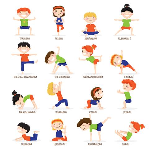 Niños niños yoga Poses conjunto de dibujos animados. vector