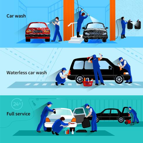 Servicio de lavado de autos 3 Banners planos vector