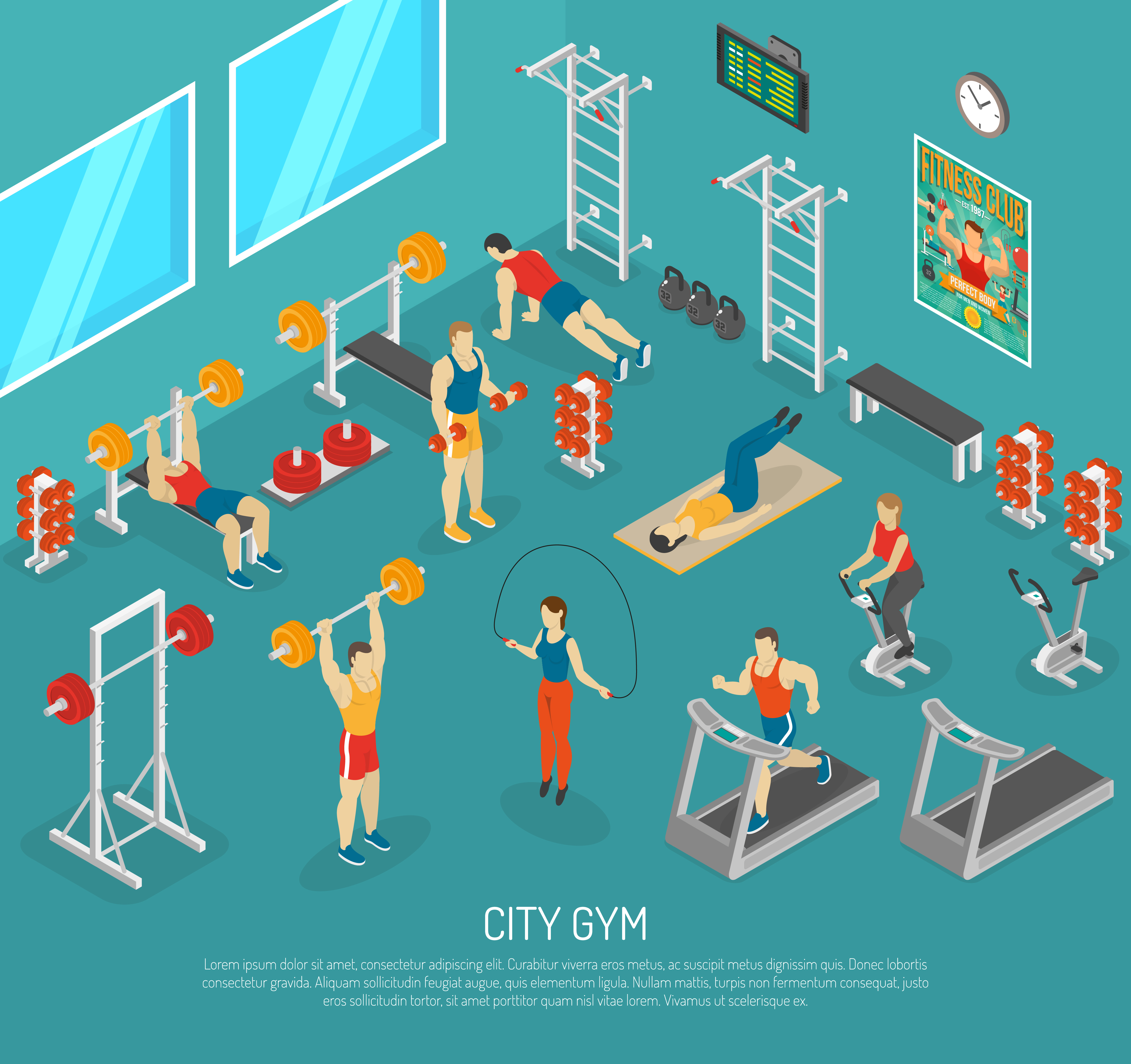 City Fitness Gym Center Isometric POster 478727 Vector Art at Vecteezy