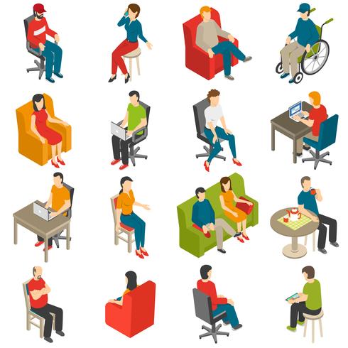 Sitting People Isometric Icon Set vector