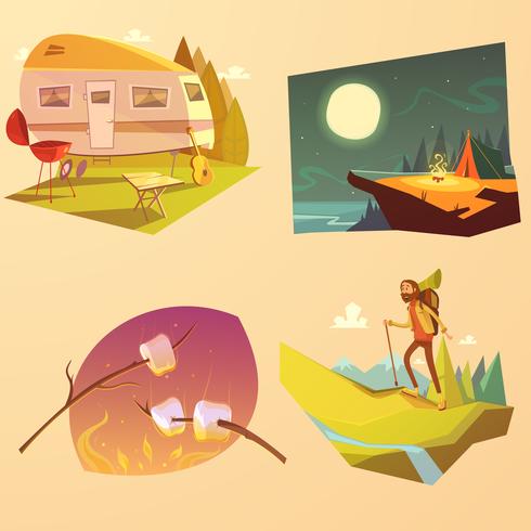 Camping y senderismo conjunto de dibujos animados vector