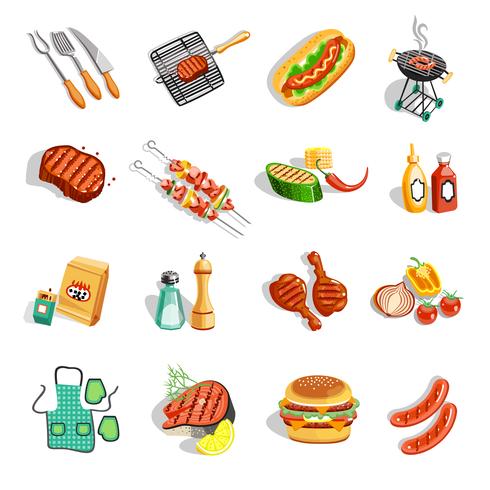 Set de iconos planos de accesorios de comida de barbacoa vector