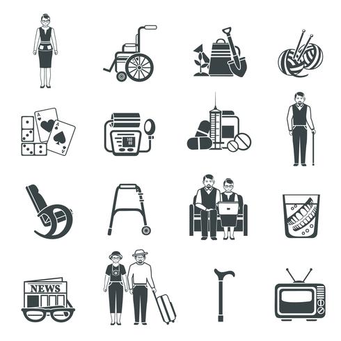 Pensioners Life Black White Icons Set  vector