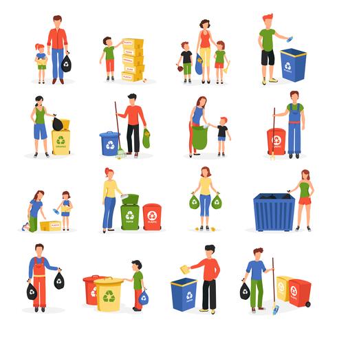 Gente que recicla la colección plana de los iconos de la basura vector