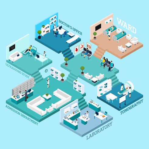 Iconos de esquema isométrico de hospital vector