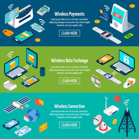 Conjunto de banners isométricos de tecnologías inalámbricas vector