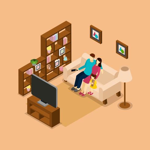 Family Home Watching TV Isometric Banner  vector