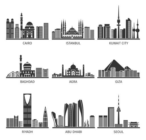 Eastern Cityscapes Landmarks Black Icons Collection vector