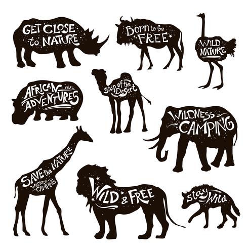 Animales salvajes letras negro conjunto de iconos vector