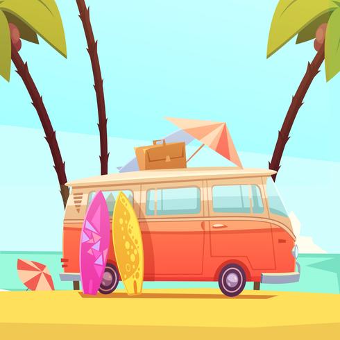 Surf y autobús ilustración de dibujos animados retro vector