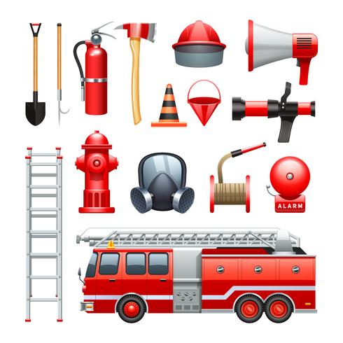 Conjunto de iconos de equipo y maquinaria de bombero vector