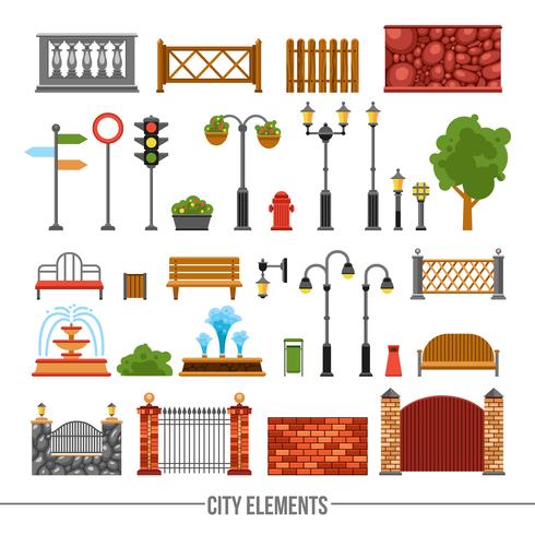 Conjunto de iconos planos de elementos de la ciudad vector