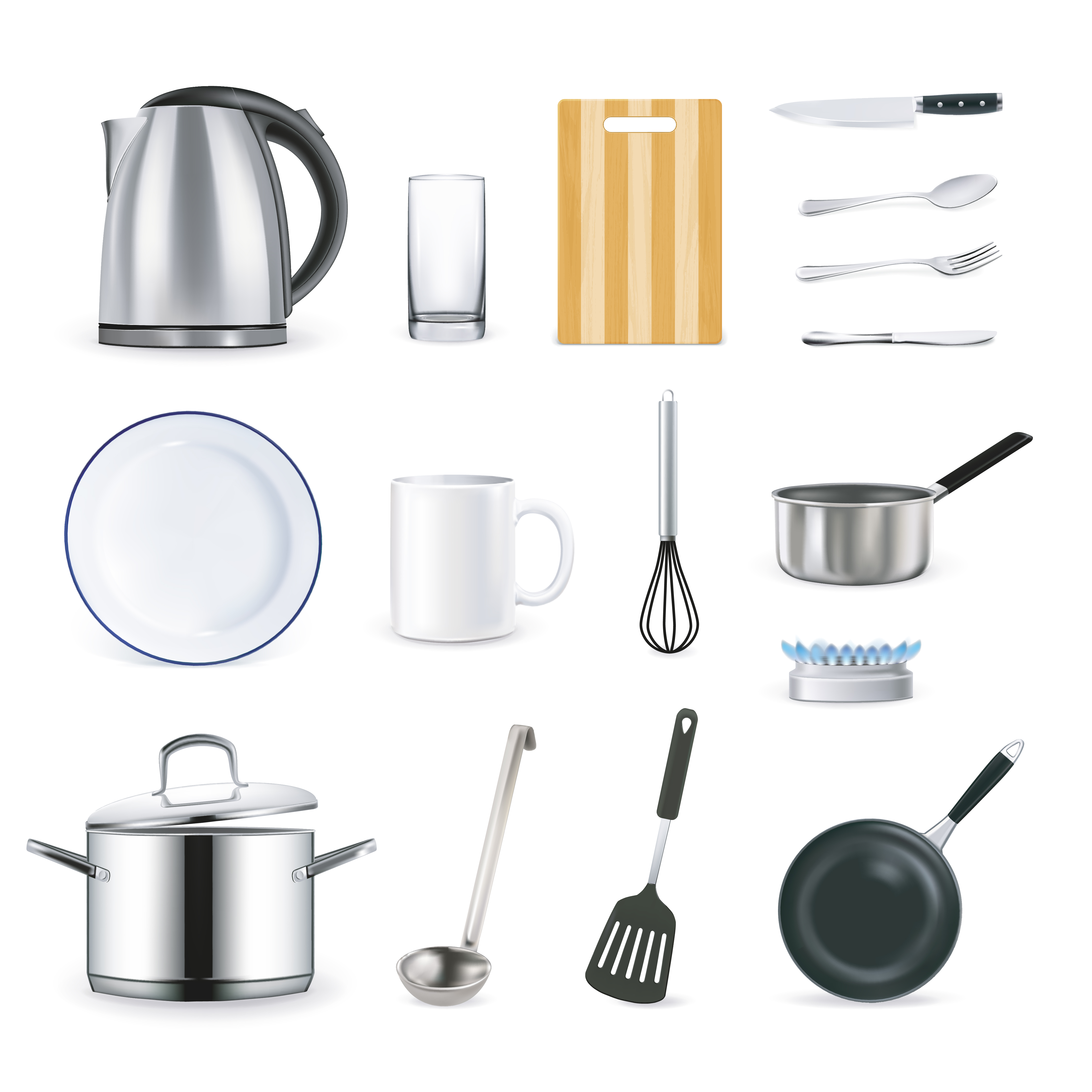 Kitchenware Realistic Set Vector Kitchen Utensils Cutlery Tools
