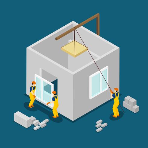 Building Construction Workers Isometric Banner  vector