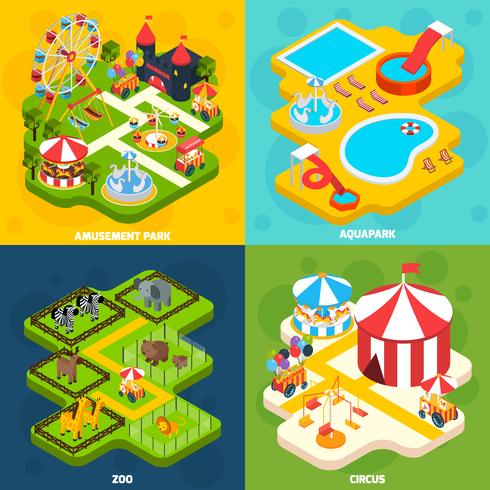 Parque de atracciones isométrico 4 iconos cuadrados vector