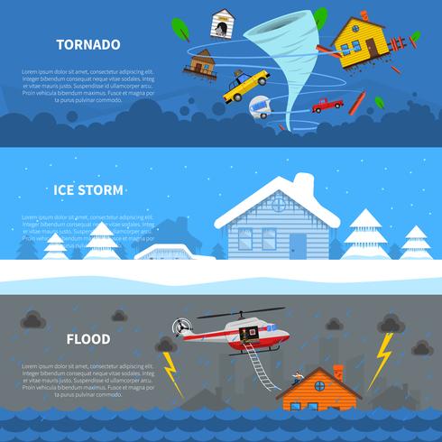 Disaster Concept 3 Flat Banners Set vector