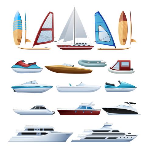 Conjunto de iconos planos barcos y windsurfista vector