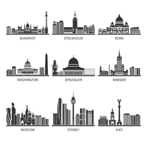 World Famous Cityscapes Black Icons Set vector
