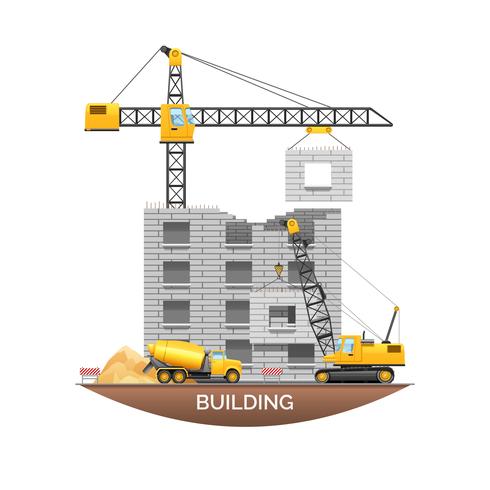 Ilustración plana de maquinaria de construcción de edificios vector