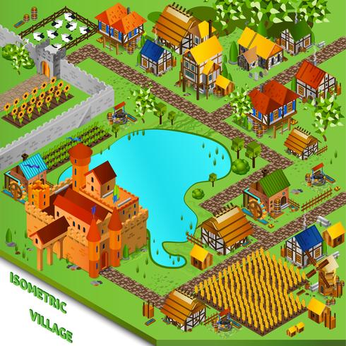 Medieval Village Isometric Illustration  vector